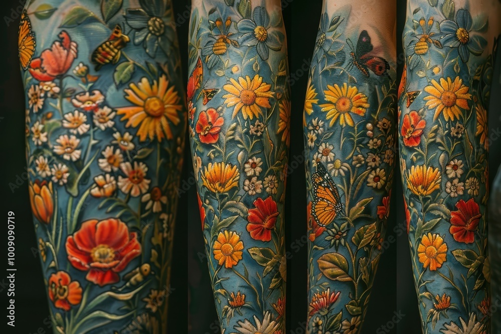 A colorful half-sleeve tattoo of a garden scene with butterflies, flowers, and bees A colorful half-sleeve tattoo of a garden scene with butterflies, flowers, and bees