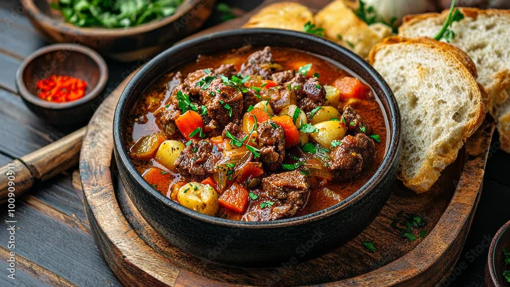 A hearty beef stew served with bread, garnished with herbs and vegetables.