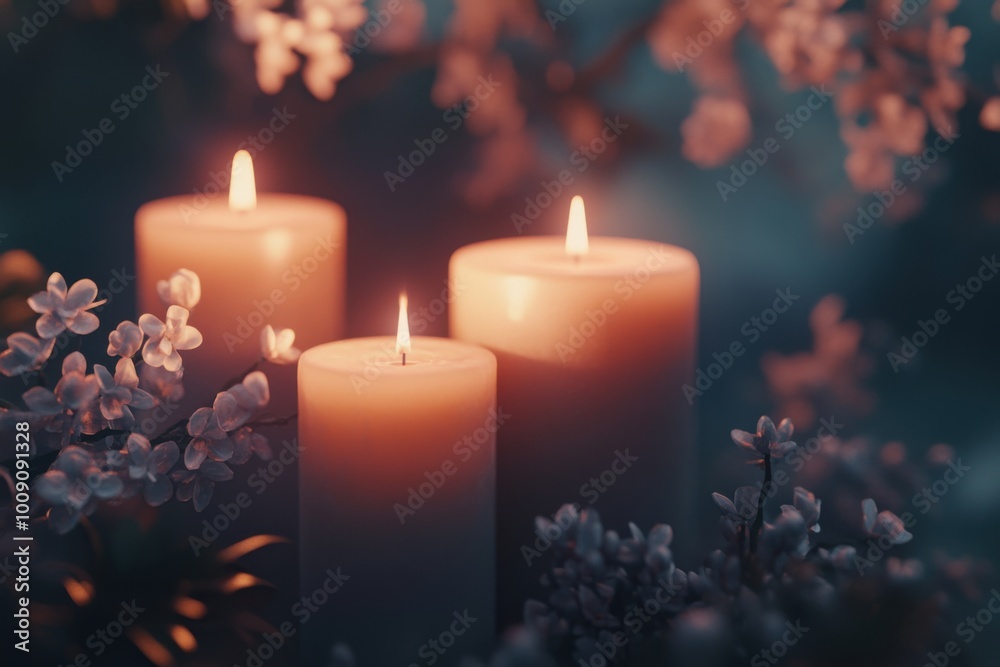 Minimalistic cozy candle scene with cherry blossoms for tranquil ambiance Minimalistic cozy candle scene with cherry blossoms for tranquil ambiance