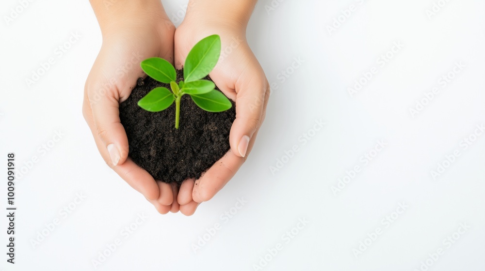 Two hands gently holding rich soil with a small green plant sprouting, symbolizing growth and nurturing care in a bright atmosphere. Two hands gently holding rich soil with a small green plant sprouting, symbolizing growth and nurturing care in a bright atmosphere.