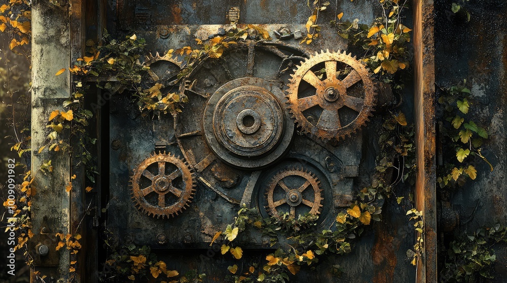 Time-worn gears slowly turning, covered in rust and decay, with vines curling around the ancient metal in a forgotten factory. Time-worn gears slowly turning, covered in rust and decay, with vines curling around the ancient metal in a forgotten factory.