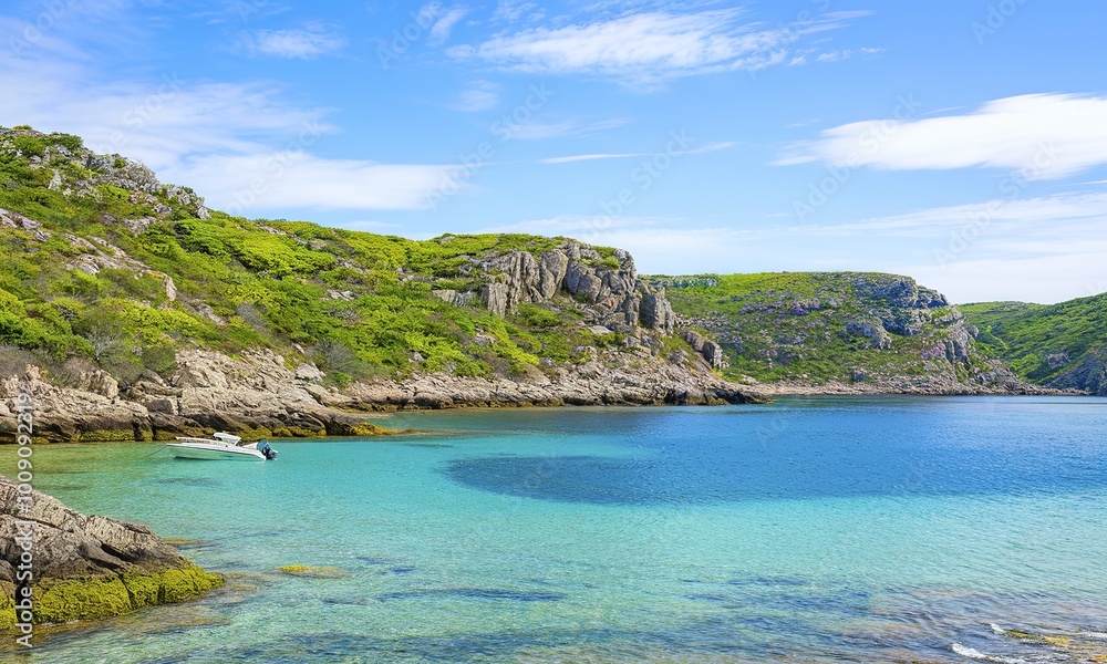 A scenic view of a picturesque bay with crystal clear turquoise waters A scenic view of a picturesque bay with crystal clear turquoise waters