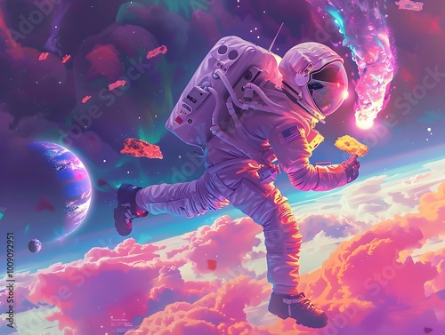 Space Food Astronauts Weightlessly Consuming DPrinted Snacks in Iridescent Packaging photo