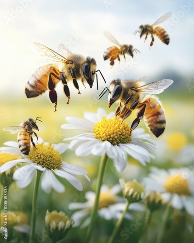 A bee gathers nectar from a daisy flower in a field of wildflowers. photo