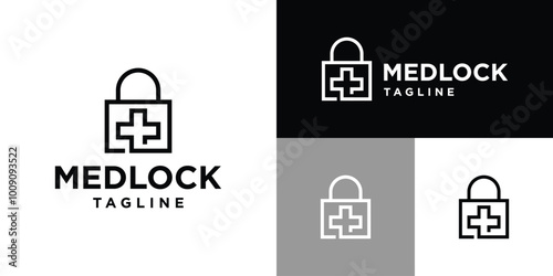 Vector design template of logo plus combination with padlock. Medical, blood, lock, security. Icon symbol EPS 10.