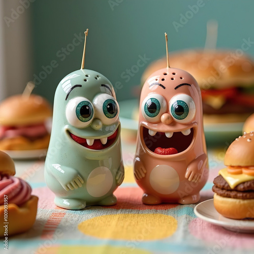 Close-up recipientes de palillos con forma de personajes monstruitos graciosos sobre una mesa con mini hamburguesas photo