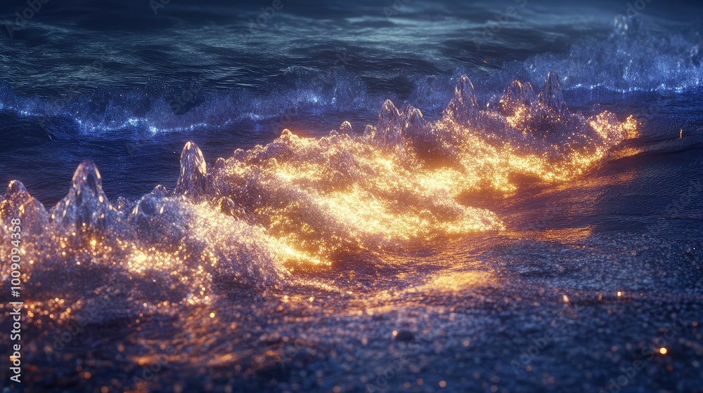 Fototapeta premium Waves of glowing, flowing light gently crash onto a shore of translucent crystals, illuminating the otherworldly shoreline.
