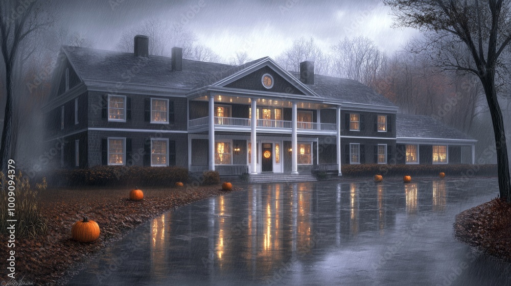 Fototapeta premium A dark twisted mansion with glowing pumpkins placed around the entrance