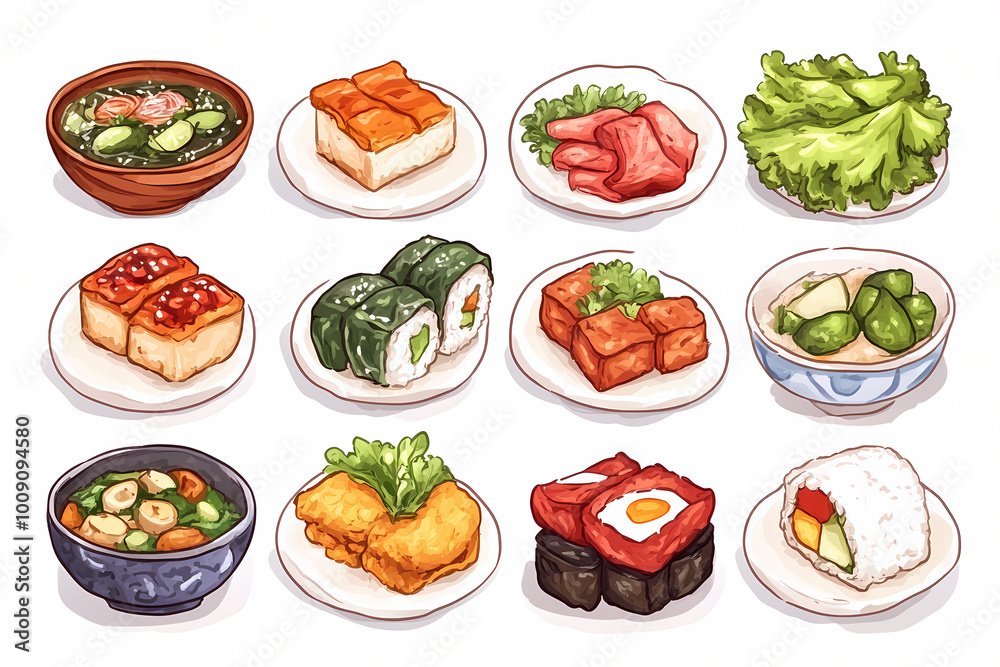 A collection of Asian food on plates and bowls. The food includes sushi, rice, and various vegetables. The presentation is colorful and appetizing, and the overall mood is inviting and delicious A collection of Asian food on plates and bowls. The food includes sushi, rice, and various vegetables. The presentation is colorful and appetizing, and the overall mood is inviting and delicious