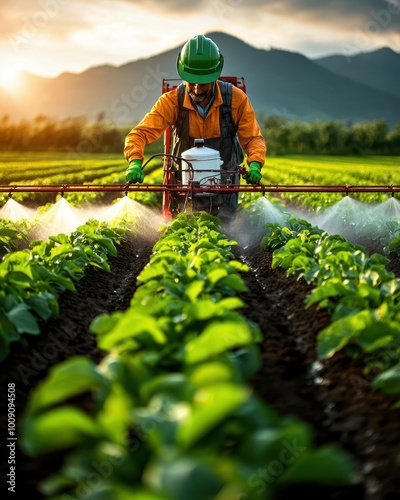 A farmer in a green hardhat sprays a field of crops.