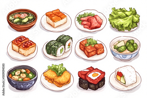 A collection of Asian food on plates and bowls. The food includes sushi, rice, and various vegetables. The presentation is colorful and appetizing, and the overall mood is inviting and delicious