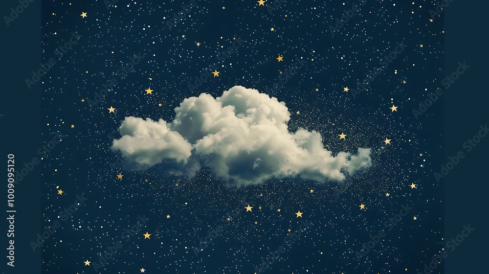 Fototapeta premium A playful fluffy cloud surrounded by tiny stars on a deep navy backdrop.