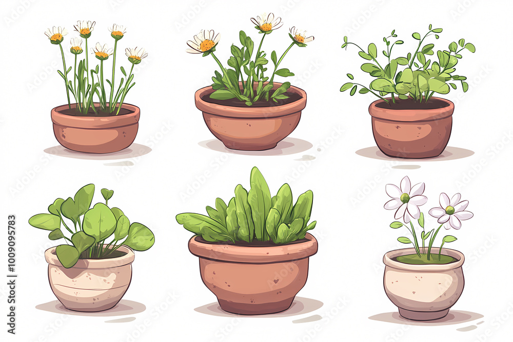 A set of six potted plants in different sizes and colors. The plants are arranged in a row, with some taller and some shorter. The pots are all brown and white A set of six potted plants in different sizes and colors. The plants are arranged in a row, with some taller and some shorter. The pots are all brown and white