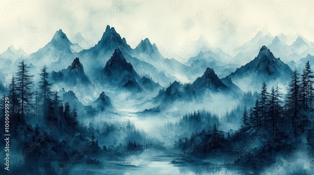 minimalist art depicting misty mountains on a retro background employing ink wash techniques to create a flat design aesthetic reflecting chinese landscape art traditions minimalist art depicting misty mountains on a retro background employing ink wash techniques to create a flat design aesthetic reflecting chinese landscape art traditions