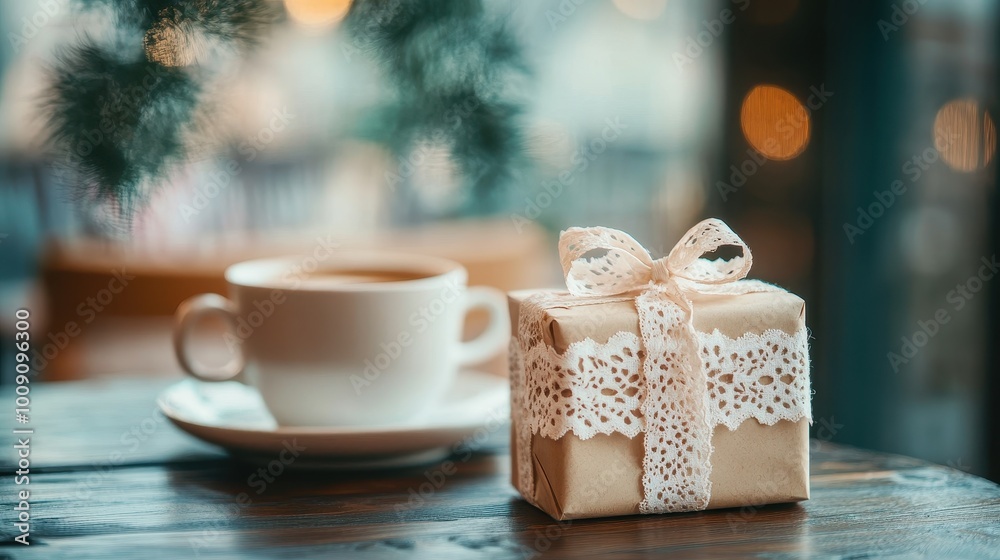 Cozy Winter Cafe Moment with Gift and Coffee Cozy Winter Cafe Moment with Gift and Coffee