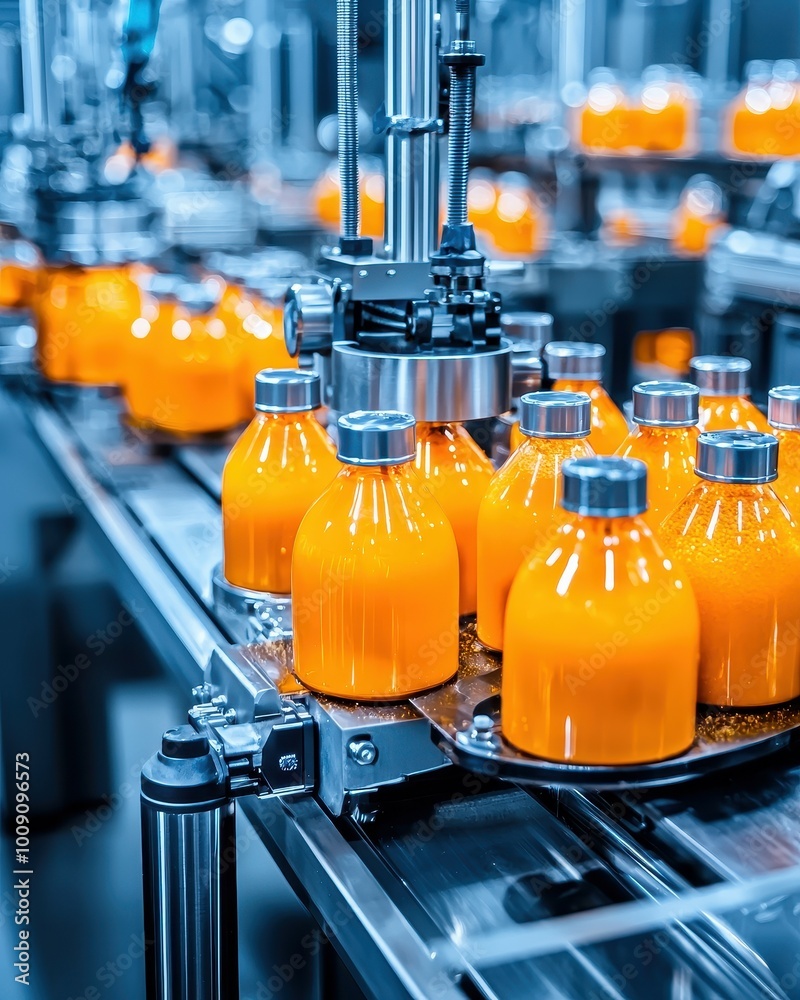 Fototapeta premium Bottles of orange juice move down a conveyor belt in a factory setting.
