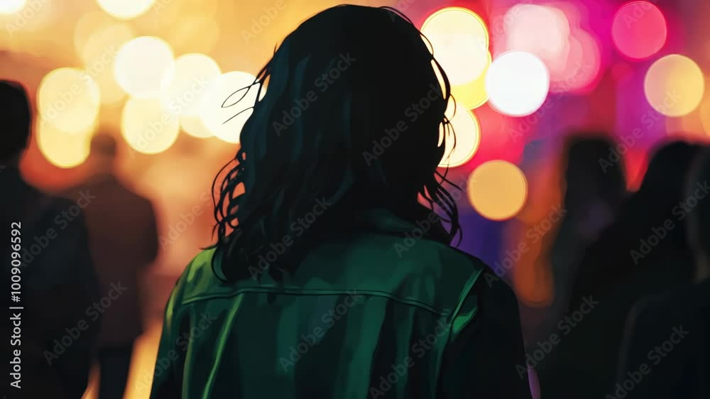 A woman walks through a crowd of people, the bright city lights blurring into bokeh in the background A woman walks through a crowd of people, the bright city lights blurring into bokeh in the background