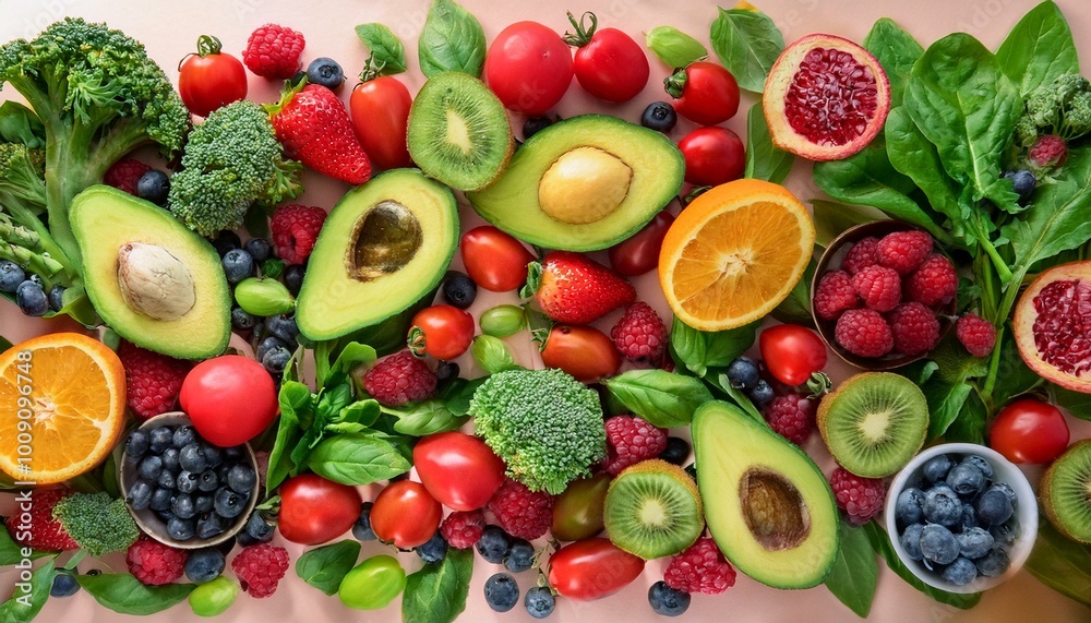 Background of A Healthy and Delicious Assortment of vegetables and fruit. A Healthy and Diverse Selection of Produce. A Colorful Display of Organic Fruits and Vegetables