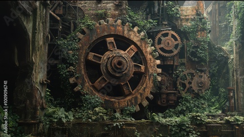 Weathered gears encrusted with rust, turning sluggishly in a decaying industrial setting, overgrown with vines and foliage. photo