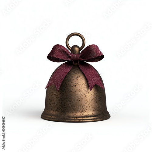 A decorative bronze bell adorned with a burgundy ribbon, perfect for holiday and festive themes.