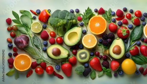 Background of A Healthy and Delicious Assortment of vegetables and fruit. A Healthy and Diverse Selection of Produce. A Colorful Display of Organic Fruits and Vegetables