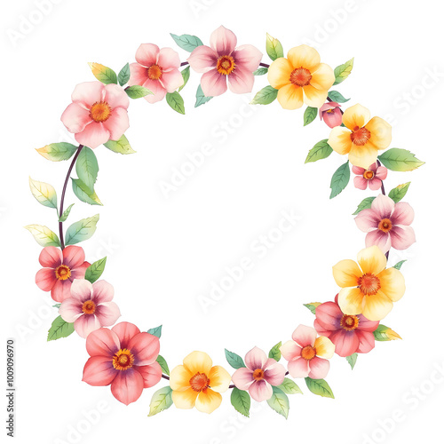 Pastel drawing artistic image of floral wreath as a frame for round white space. some leaves or flowers may overlap that white background. it has to be colorful, look natural. Generative AI
