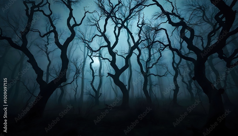 A dark forest with twisted trees shrouded in fog, creating an eerie and ...