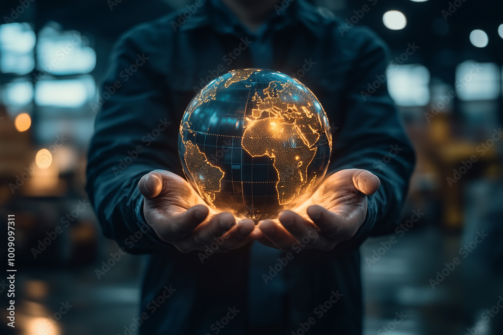 Fototapeta premium Dark Background with Glowing Globe. A man holds a glowing globe symbolizing innovation and global connection. Suitable for technology, business, or environmental themes.