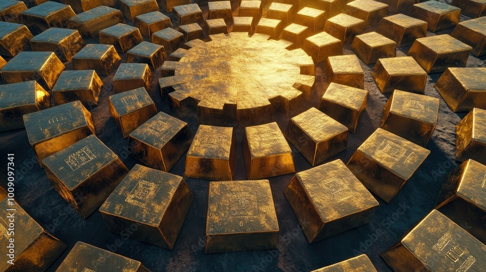 Obraz premium An aerial view of a collection of gold bars arranged in a circular pattern, symbolizing abundance and prosperity in a visually striking way.