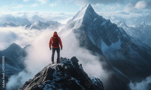 Hiker stands at the summit of a difficult mountain climb to be greeted with a beautiful view of the landscape.