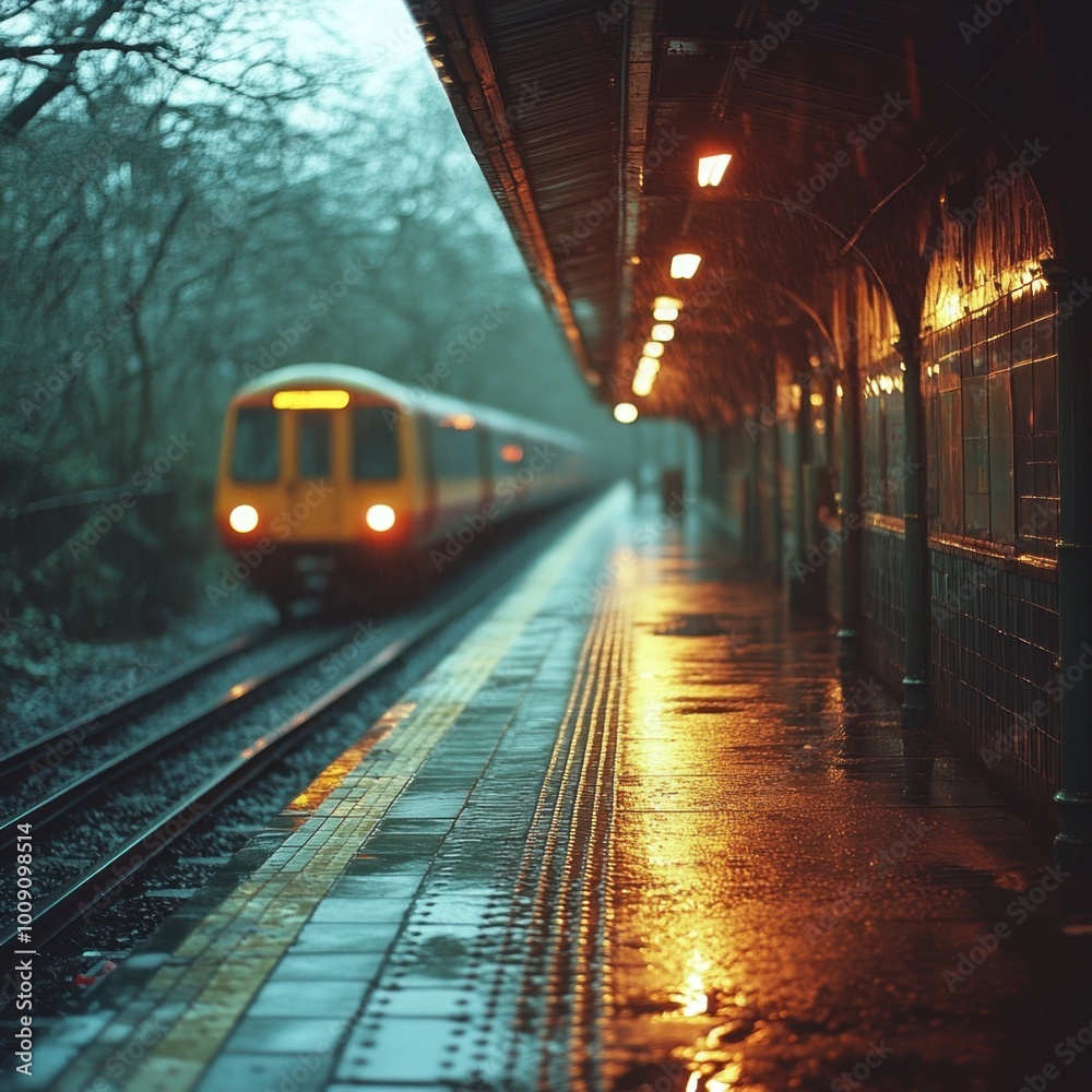 Naklejka premium A quiet train platform with muted tones and soft lighting, 
