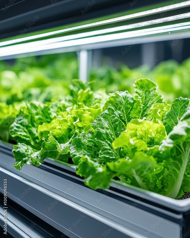 Fresh lettuce grows under grow lights in a hydroponic farm. Fresh lettuce grows under grow lights in a hydroponic farm.