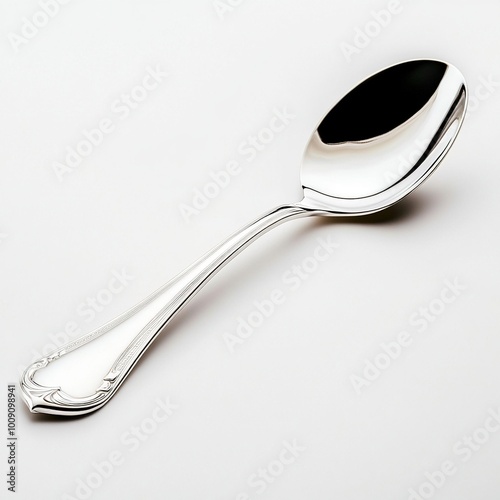 A shiny silver spoon resting on a plain background, designed for serving or eating food.