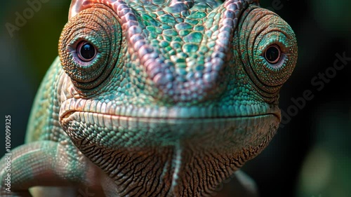 A close-up of a chameleon's face, showing its large, bulging eyes and intricate skin texture photo