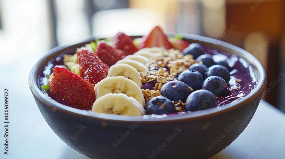 Close-up of a colorful acai bowl with banana, strawberries, blueberries, and granola. Close-up of a colorful acai bowl with banana, strawberries, blueberries, and granola.