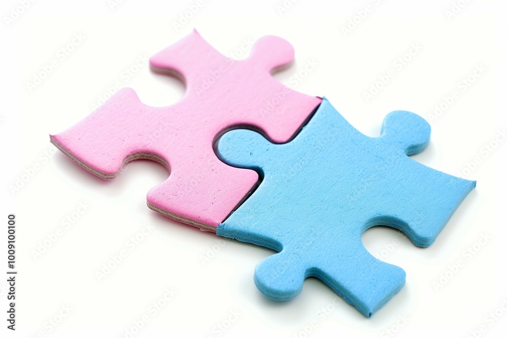 Two puzzles, pink and blue, matching each other on a white background symbolize the relationship between two people. Two puzzles, pink and blue, matching each other on a white background symbolize the relationship between two people.