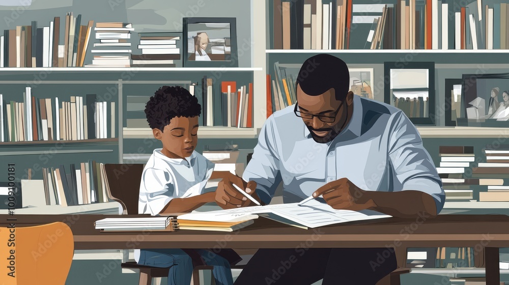 A man and a child are sitting at a table in a library A man and a child are sitting at a table in a library