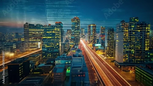 A mesmerizing time-lapse of a bustling cityscape at night with glowing skyscrapers and dynamic traffic movement