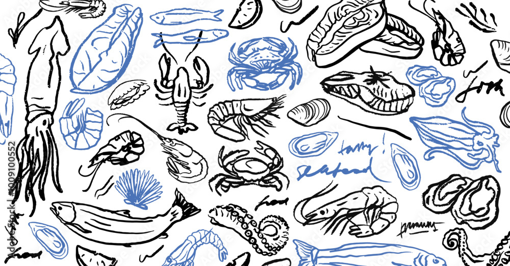 Fototapeta premium Isolated vector set of seafood. Shrimps, langoustines, prawns, salmon, trout, oysters, mussels, squid, crab, lemon, octopus, rosemary, sea urchin. Hand-drawn seafood delicacy, restaurant. Sketch. 