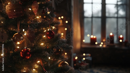 Cozy winter scene with a decorated Christmas tree and glowing candles by the window, creating a warm holiday atmosphere indoors.