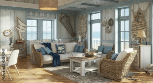 Cozy coastal living room with wicker furniture and ocean views