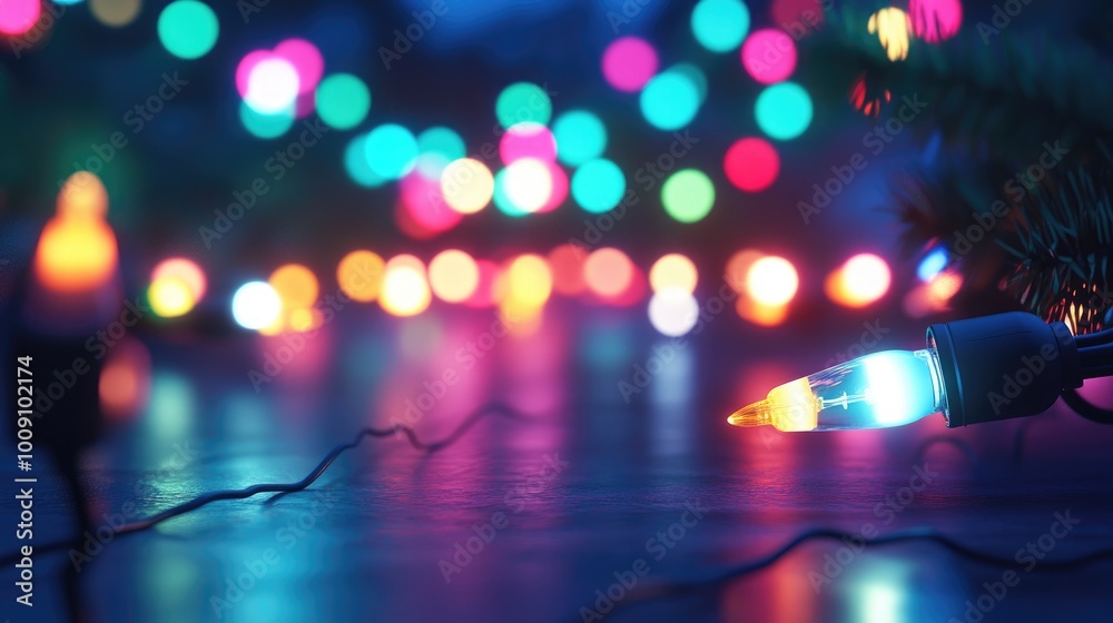 Christmas lights flat design, front view, night theme, 3D render, Triadic Color Scheme