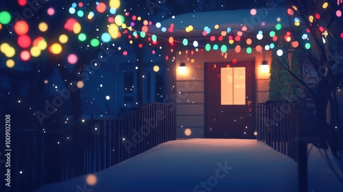 Christmas lights flat design  front view  night theme  3D render  Triadic Color Scheme