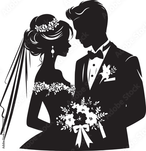 Wedding silhouette figures of newlyweds. Heart Shape Line Art. Vector illustration. Simple vector wedding couple silhouettes.