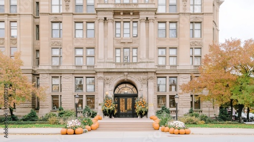 A haunted Victorian-style mansion with pumpkins placed around the entrance