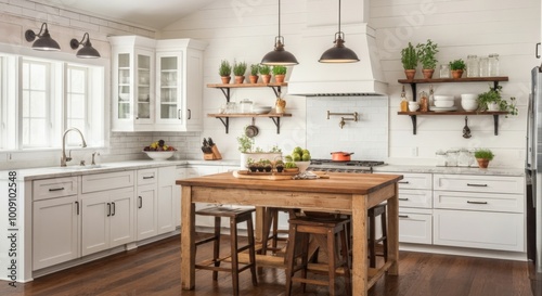 Modern farmhouse kitchen with wooden island and white cabinets