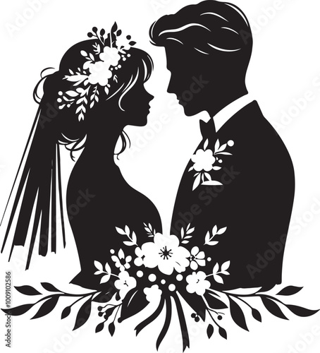 Wedding silhouette figures of newlyweds. Heart Shape Line Art. Vector illustration. Simple vector wedding couple silhouettes.