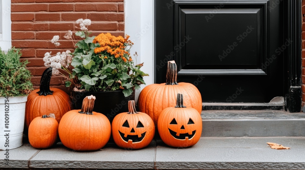 Obraz premium A haunted Victorian-style mansion with pumpkins placed around the entrance