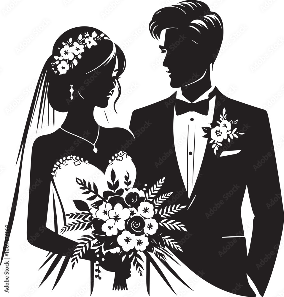 Wedding silhouette figures of newlyweds. Heart Shape Line Art. Vector illustration. Simple vector wedding couple silhouettes.