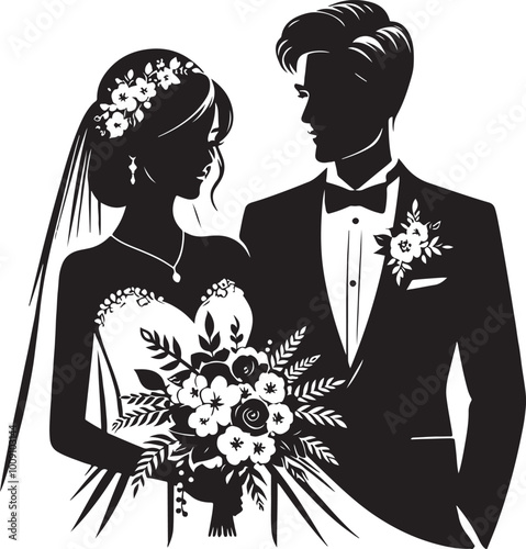 Wedding silhouette figures of newlyweds. Heart Shape Line Art. Vector illustration. Simple vector wedding couple silhouettes.